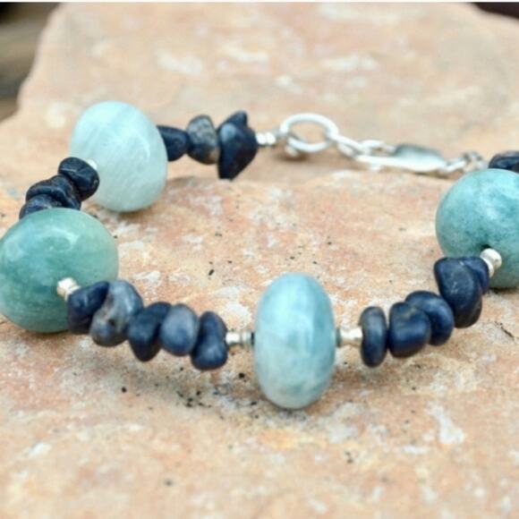Genuine Sapphire & Aquamarine Silver Bracelet - Picture 2 of 5